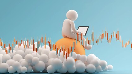 3D White Figure Character Man Analyzing Stock Market Data on a Laptop in the Clouds - Powered by Adobe