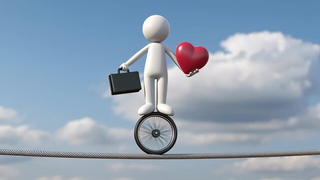 3D White Figure Character Balancing on a Unicycle on a Tightrope with a Red Ball