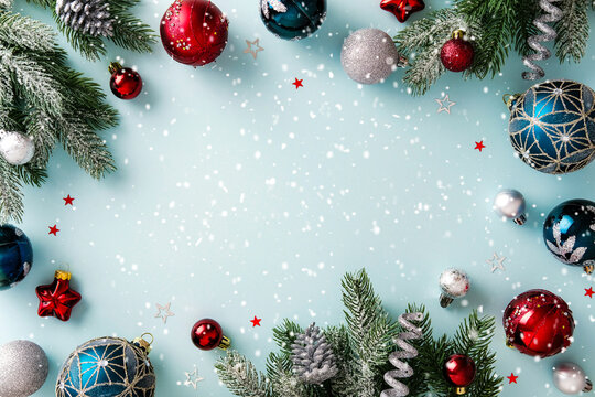 Christmas frame with pine branches, baubles, stars, and snow on blue background. Central copy space for greeting, ad, or festive message. - Powered by Adobe