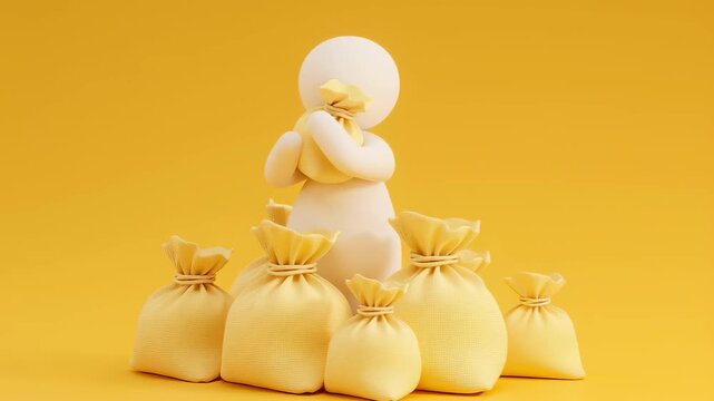 3D White Figure Character Secretly Hiding Bags of Money