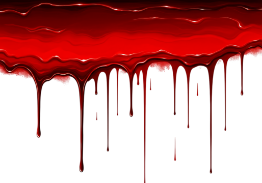 Viscous bright red liquid dripping down in thick strands against a stark black background isolated on transparent background