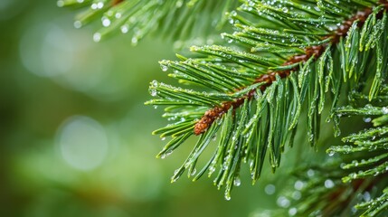 Close up of a pine branch with dew drops on its vibrant green needles