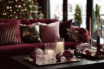 Luxurious festive living room adorned with elegant candles and rich decorations