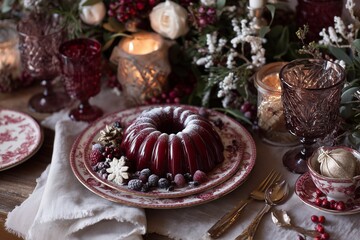 Elegant Holiday Table Featuring Red Jelly Dessert Surrounded by Festive Decor