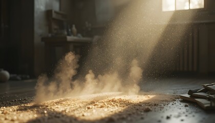 Dust particles visible in sunlight beam.