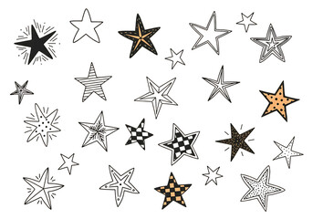 Collection of illuminated and outlined stars isolated on transparent background