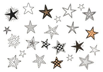 Collection of illuminated and outlined stars isolated on transparent background