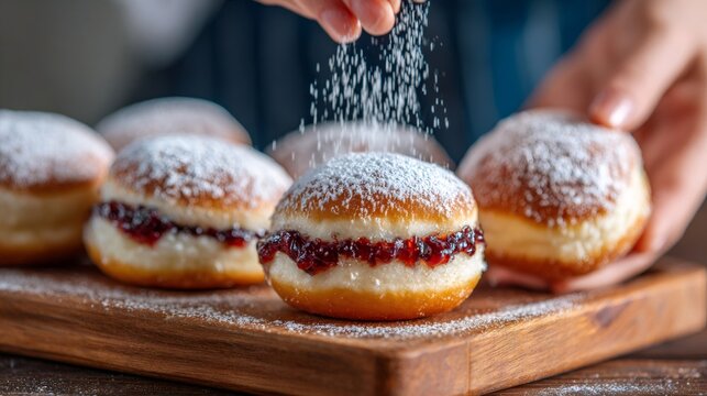 Baker dusting jelly donuts with powdered sugar