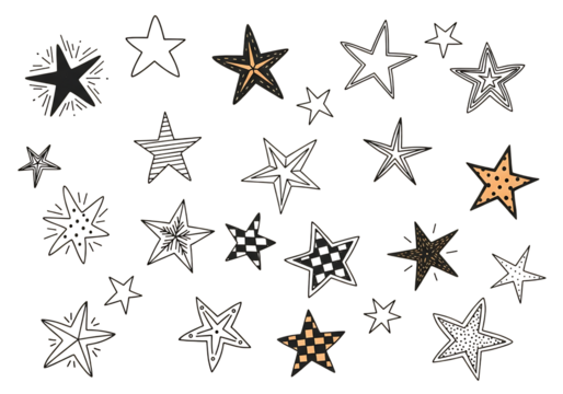 Collection of illuminated and outlined stars isolated on transparent background