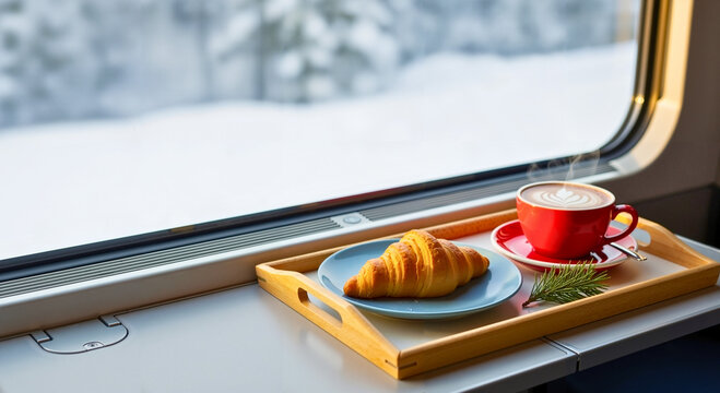 Breakfast tray with croissant and coffee by train window in winter  