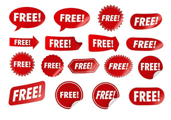 Collection of red free sale stickers isolated on transparent background