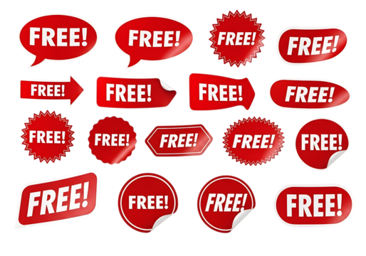 Collection of red free sale stickers isolated on transparent background