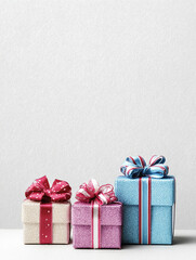 Three Christmas gifts on a white background. Portrait format.