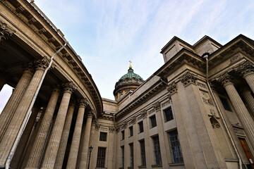 View of the colonnade of the Kazan Cathedral in St. Petersburg.