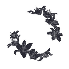 Hand drawn black silhouette lily flowers round wreath. Vintage monochrome floral frame for cards template