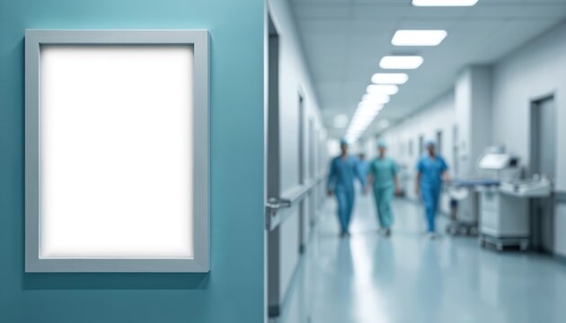 Blank picture frame on blue wall in hospital corridor. Out of focus doctors walk past in surgical scrubs. Use for medical posters announcements or ads mock up.