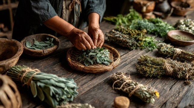 Herbalist preparing natural dried medicinal herbs for healing - Powered by Adobe