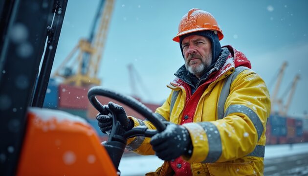 Dockworker operates forklift in winter. Man moves cargo in snow. Loader driver works at port in cold weather. Employee wears helmet, uniform. Logistics worker during work shift. Cranes on background.