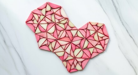 Abstract Geometric Heart Composition Crafted With Pink And White Triangular Tiles