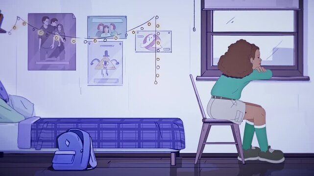 Schoolgirl looking out window, childhood nostalgia, classroom memory, education, reflective moment, animated 2D, flat illustration, school environment
