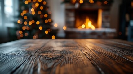 Naklejka premium Empty wooden table top with a blurred Christmas tree and fireplace in the background.