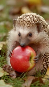 Ein kleiner Igel knabbert gen&uuml;sslich an einem roten Apfel