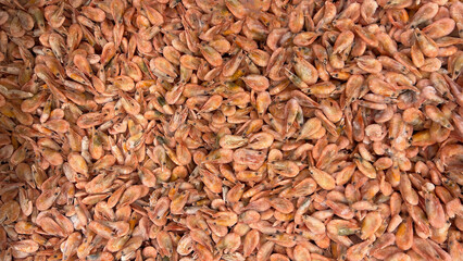 Large glass dish with a large frozen shrimp on wooden gray background in rustic style, empty space for your text