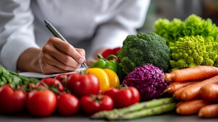 Dietitian writing nutrition plan with fresh vegetables