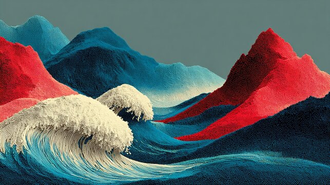 Abstract artistic ocean waves with colorful red and blue mountain shapes