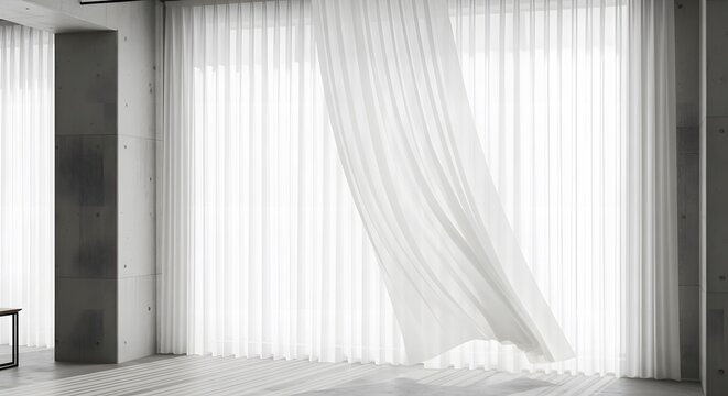 Art of sheer white curtains gently blowing in the breeze, creating a soft and airy atmosphere