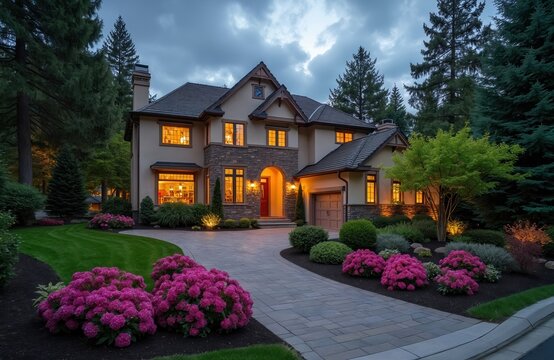 Large modern house with well-kept landscaping and garden lights at dusk. The luxury residence features an arched entryway, stone accents, and warmly lit windows creating an inviting ambiance.
