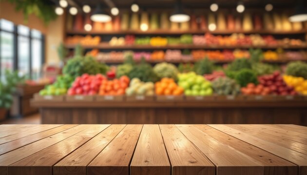 Empty wooden table in front of blurred grocery store background. Shelves display fresh fruits and vegetables. Perfect for product placement or food-related themes.