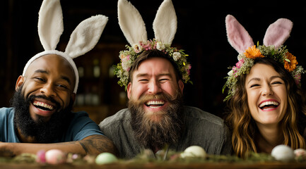 Happy diverse friends laughing and celebrating Easter in bunny ears