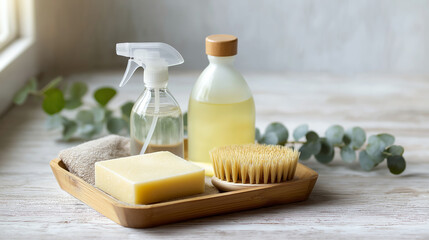 Eco friendly natural cleaning products in a bamboo tray with eucalyptus