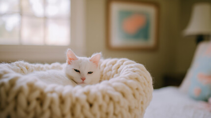 A sleepy white cat rests comfortably in a soft chunky knit bed