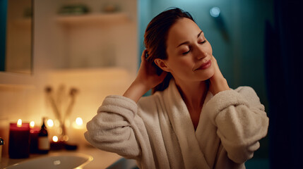 Serene woman in a white bathrobe relaxing in a candlelit bathroom