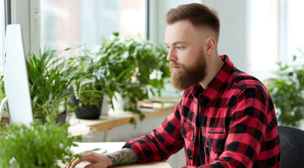 Young bearded man in a plaid shirt working on a computer in a modern office