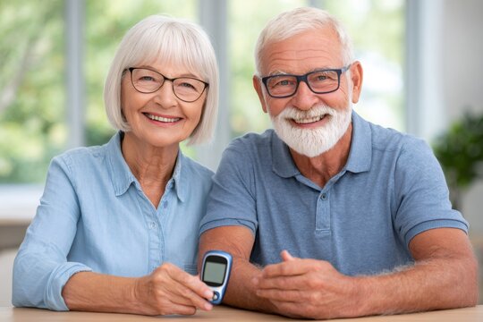 Senior couple checking blood glucose level for diabetes care