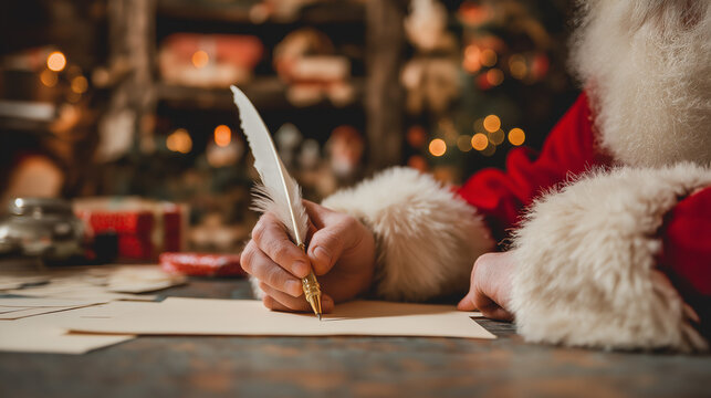 Santa Claus writing a letter with a quill pen