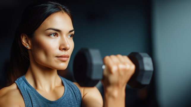 Focused athletic woman training with a dumbbell in the gym 