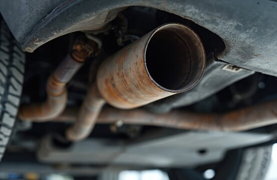 Close photo of car exhaust system undercarriage. Rusty metal pipe of automobile exhaust. Vehicle diesel particulate filter is a focus. Auto tech workshop work.