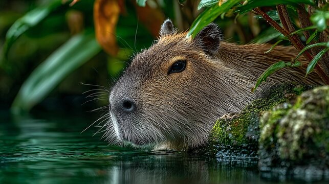 Close-up of a Capybara in Lush Green Water Amidst Tropical Foliage - Powered by Adobe