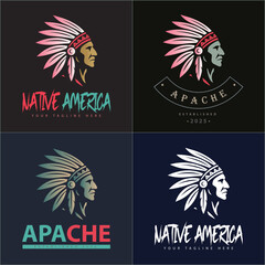 Apache indian aztec native american warrior tribes face head logo set vintage design template