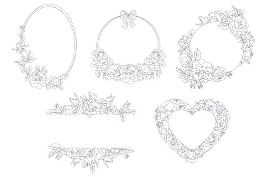 Hand drawn line art black and white rose flowers frame set. Vintage romantic monochrome floral wreath bouquet bundle