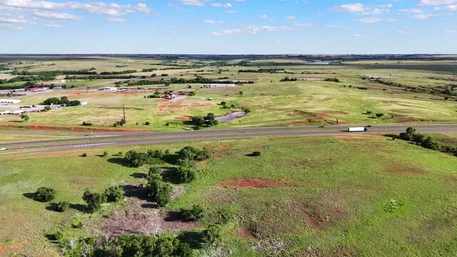 Aerial landscape of plains in rural historic US route 66 Foss Oklahoma Washita County OK