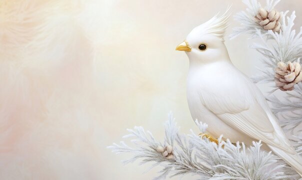 White bird on a snow-covered pine branch with pine cones, creating a peaceful winter holiday scene with copy space