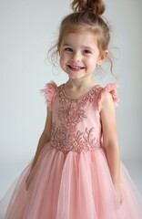 Little girl in pink dress smiles brightly. Young child has blonde hair in bun. Toddler wears elegant gown with sequins. Isolated studio portrait of happy kid.