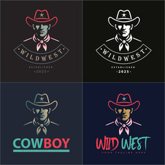 Cowboy american sheriff wild west face head silhouette logo set vintage design template