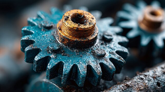 Close-up of rusty blue metal gears in industrial machinery with macro detail - Powered by Adobe