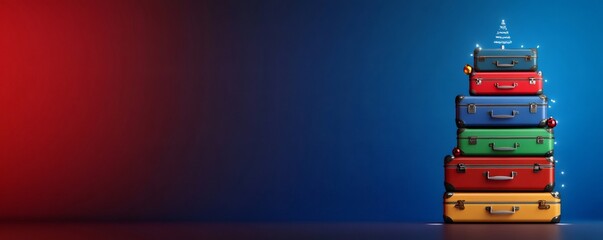 Stacked colorful suitcases forming a festive christmas tree shape, decorated with ornaments and glowing lights, representing holiday travel